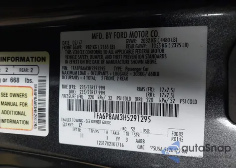 2017 Ford Mustang V6 z USA, uszkodzony, nr VIN 1FA6P8AM3H5291295